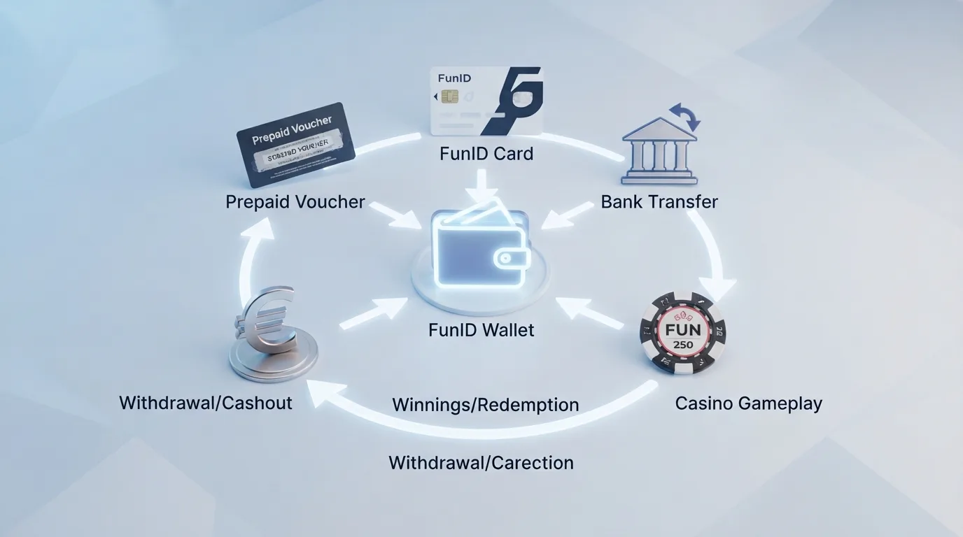 Schema des FunID-Zahlungsflusses von Code/Card/Überweisung über das Wallet bis zum Casino und zurück