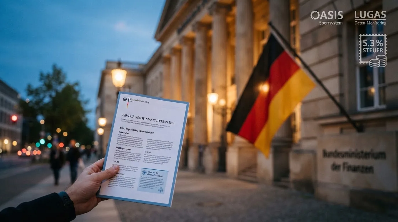 Behördensilhouette mit Steuer, OASIS, LUGAS und Verbotssymbolen