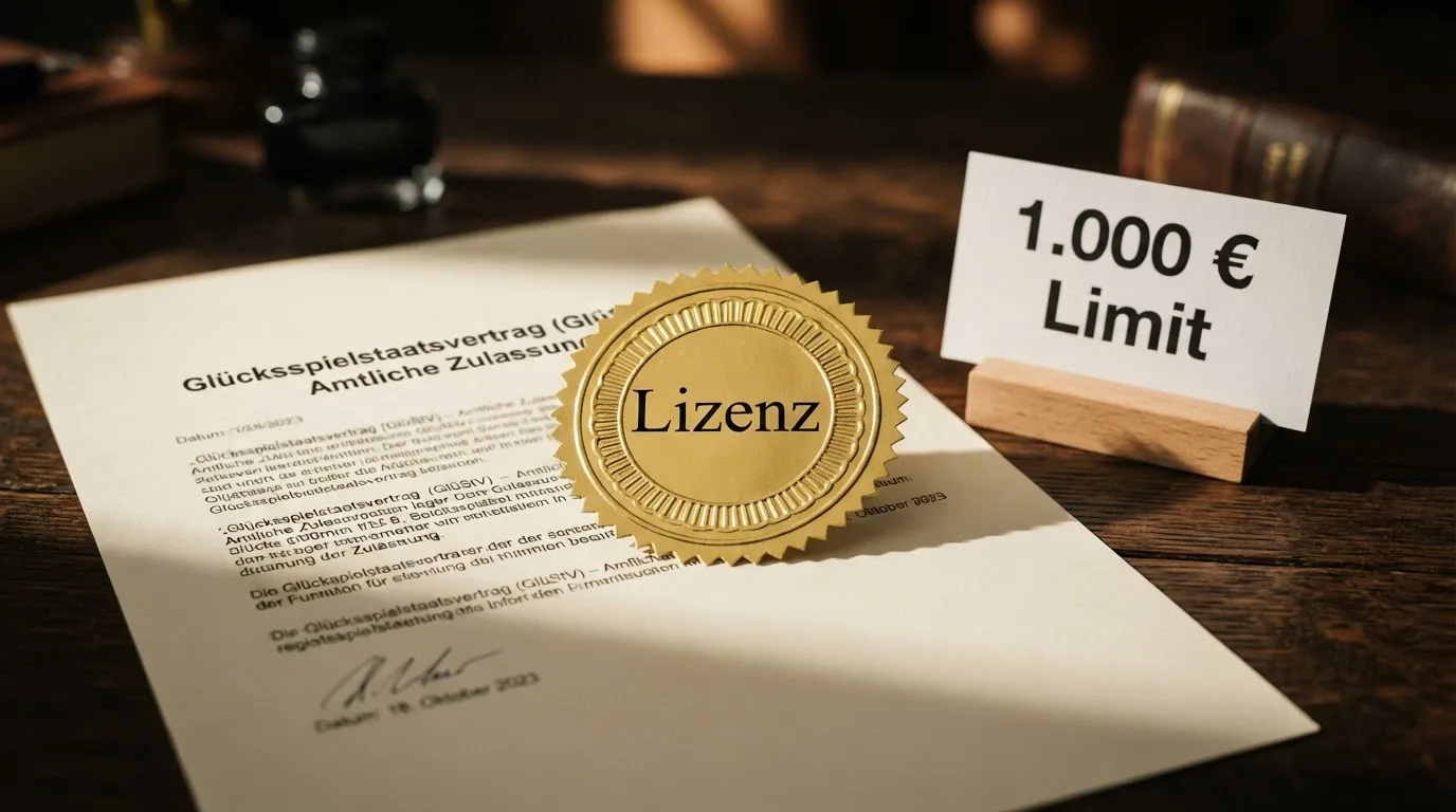 GGL-Logo neben GlüStV-Deckblatt und einem Schild mit „1.000€ Limit“ und „OASIS“ — die Vertrauensanker im deutschen Markt