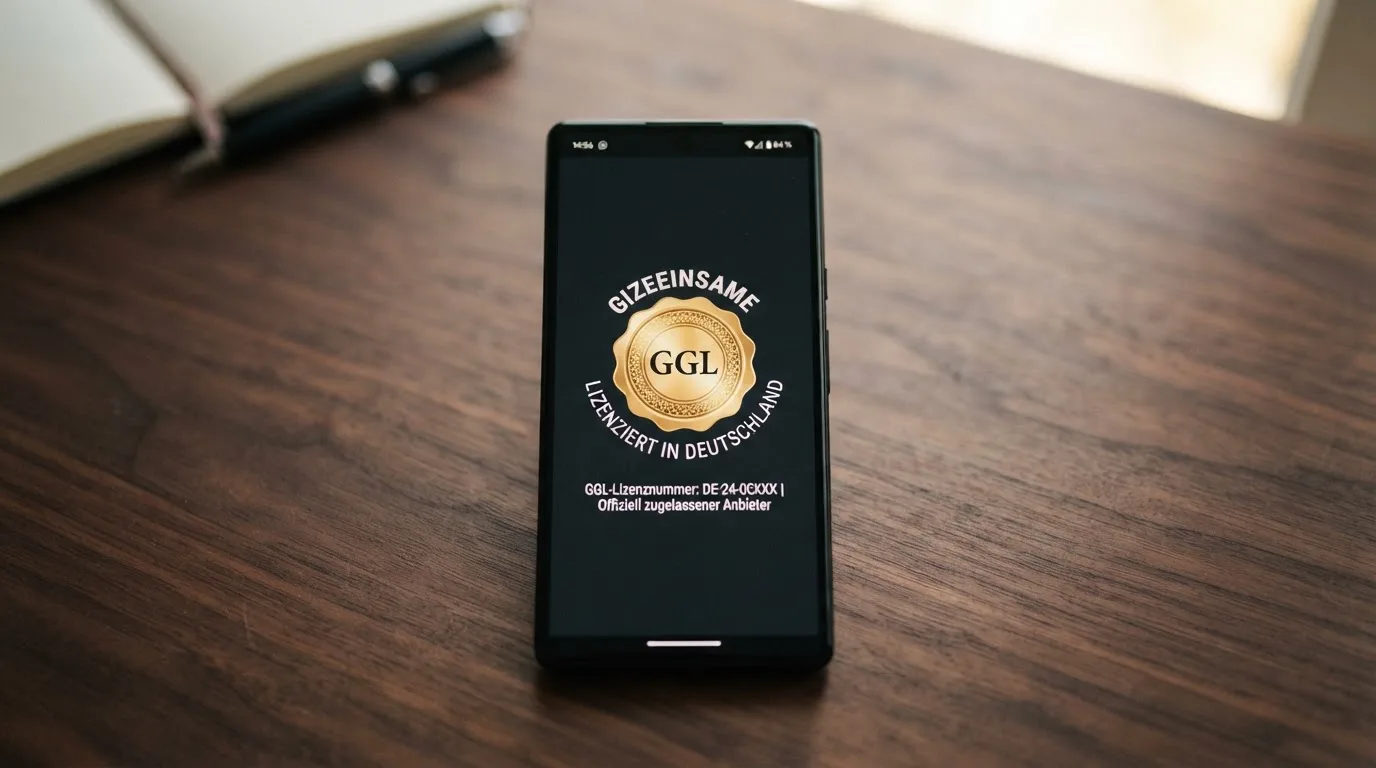Nahaufnahme eines Lizenz-Siegels auf einem Smartphone-Bildschirm