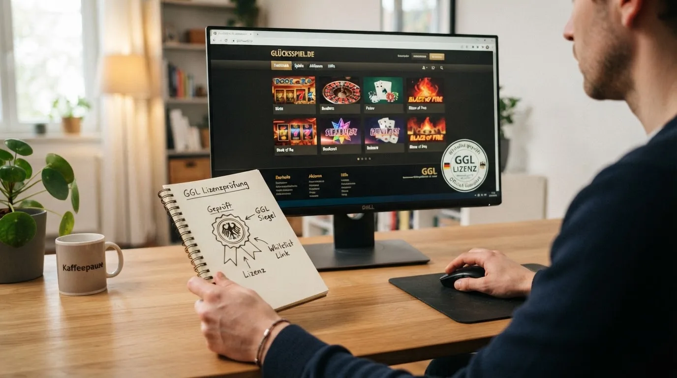 GGL-Erlaubnis-Siegel auf einer Casino-Startseite mit hervorgehobener Whitelist-Prüfung