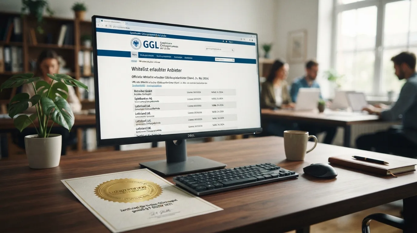 Offizielles GGL-Siegel neben einem Auszug der Whitelist erlaubter Anbieter als Faksimile