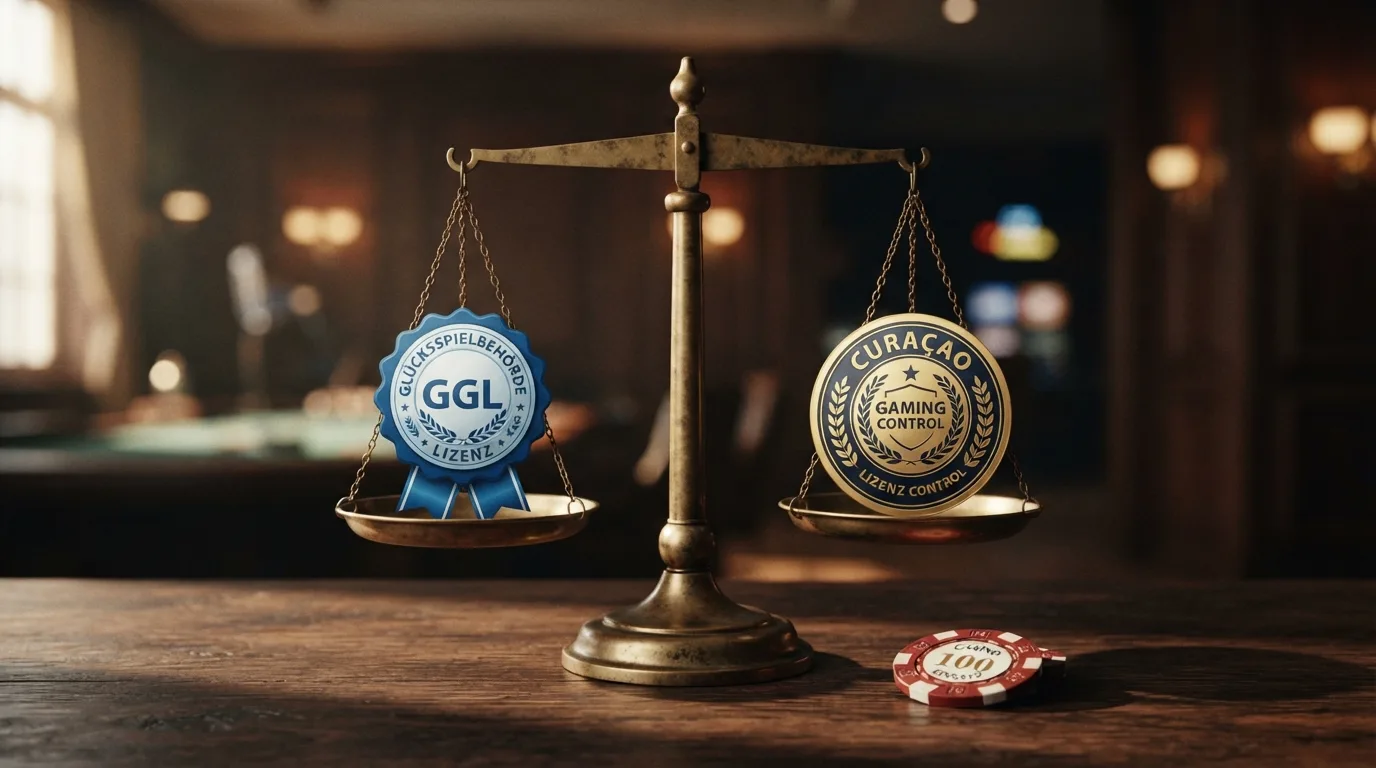 Waage mit GGL-Siegel, Curaçao-Symbol und ecoPayz-Logo in der Mitte