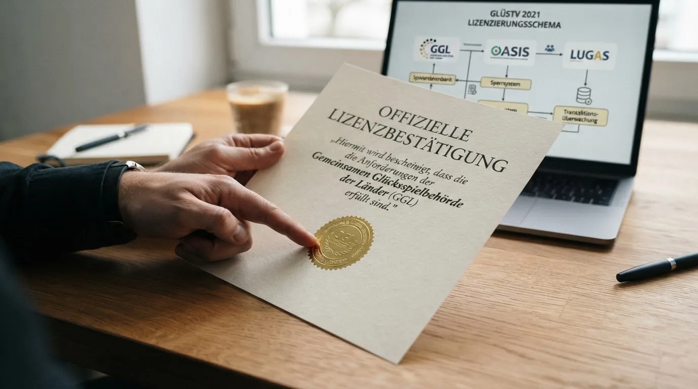 GGL-Logo und schematische Darstellung des deutschen Lizenzsystems mit OASIS und LUGAS