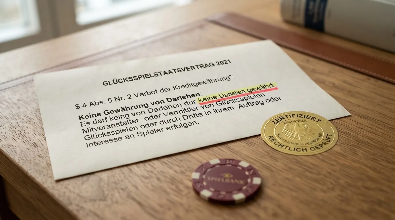 Markierter Gesetzestext zum Kreditverbot liegt neben einem amtlichen deutschen Siegel