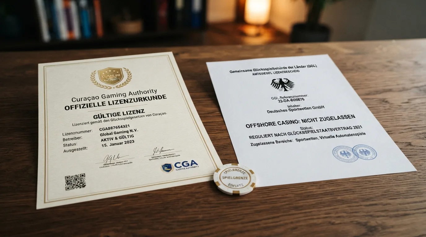 Gegenüberstellung: Curaçao-CGA-Lizenzdokument links, GGL-Whitelist (leer für Krypto) rechts