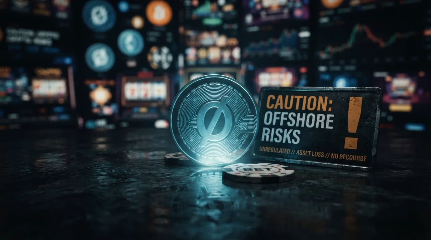 Bitcoin-Symbol neben einem Warnschild vor dunklem digitalem Spielhintergrund