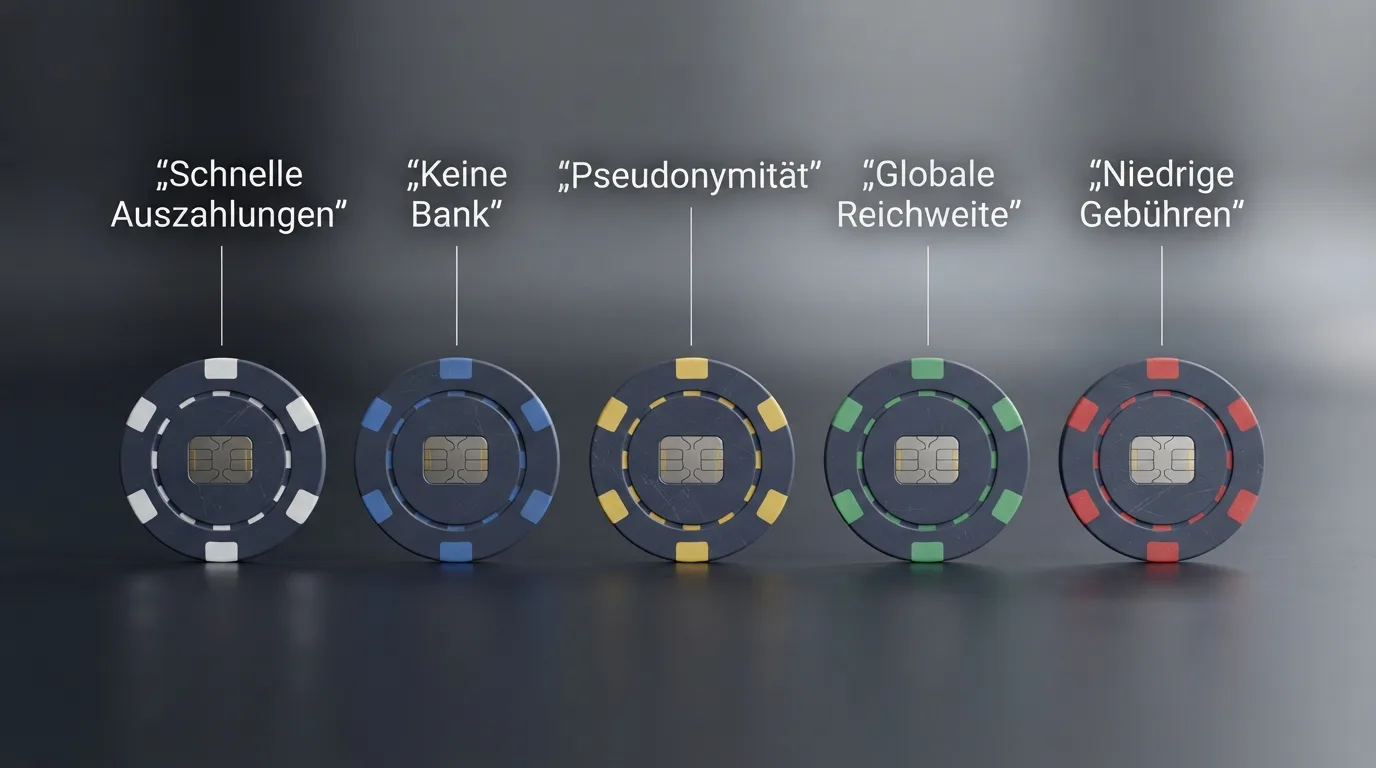 Infografik zu den fünf zentralen Vorteilen von Bitcoin-Zahlungen im Casino