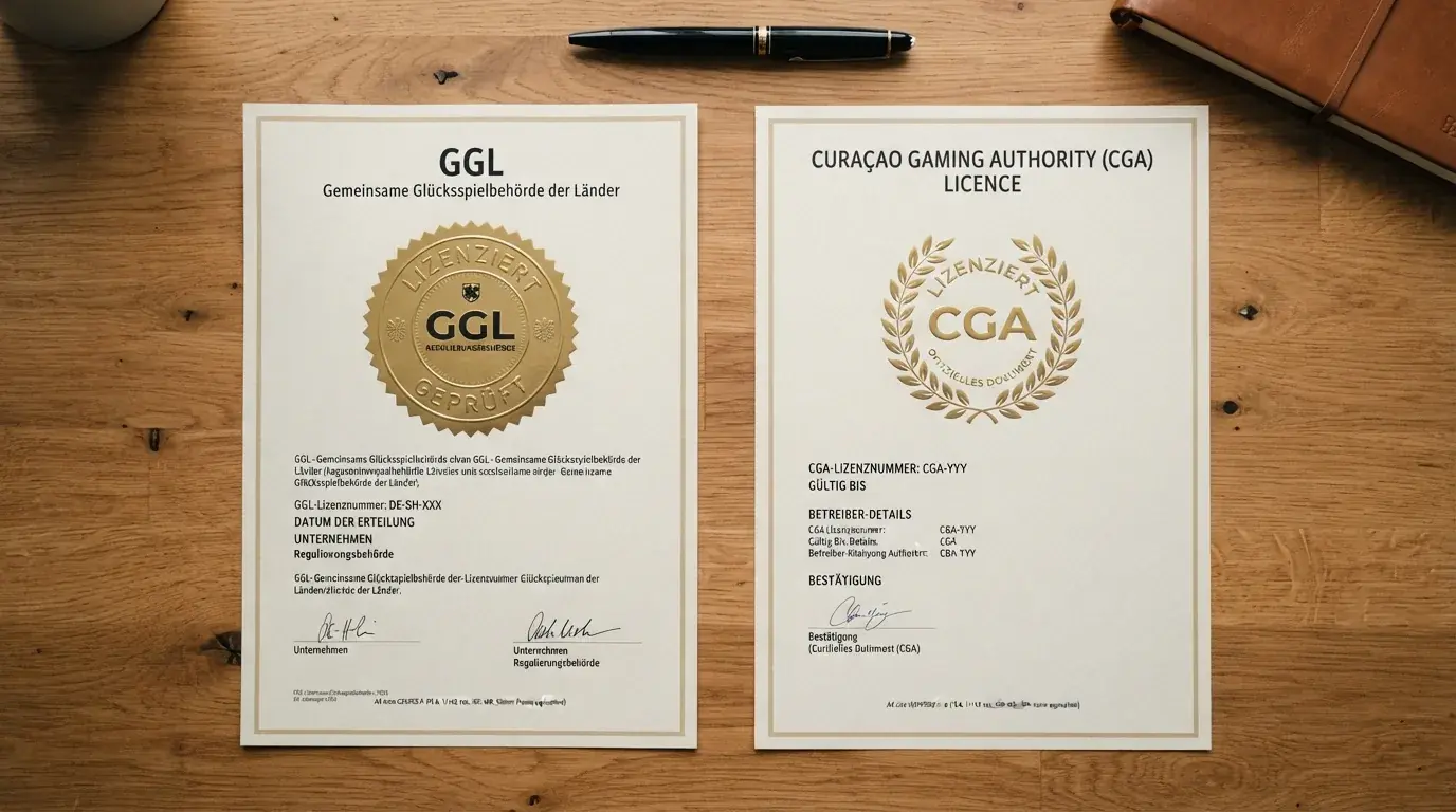 Gegenüberstellung eines deutschen GGL-Siegels und einer Curaçao-CGA-Lizenz