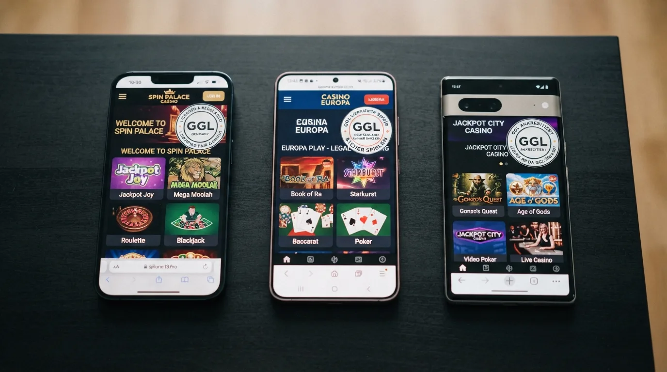 Mehrere Smartphone-Casino-Startseiten nebeneinander, alle mit Lizenz-Siegel