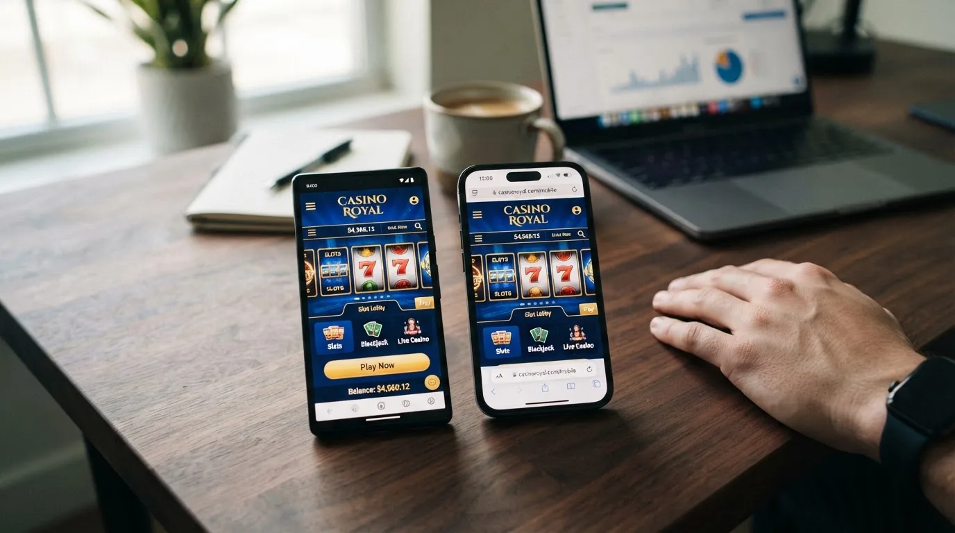 Smartphone mit App-Icon neben Browser-Fenster