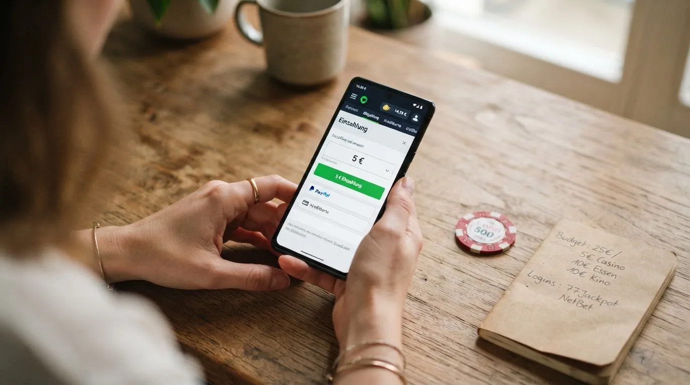 Smartphone mit geöffneter Casino-Oberfläche und eingeblendetem Einzahlungsdialog