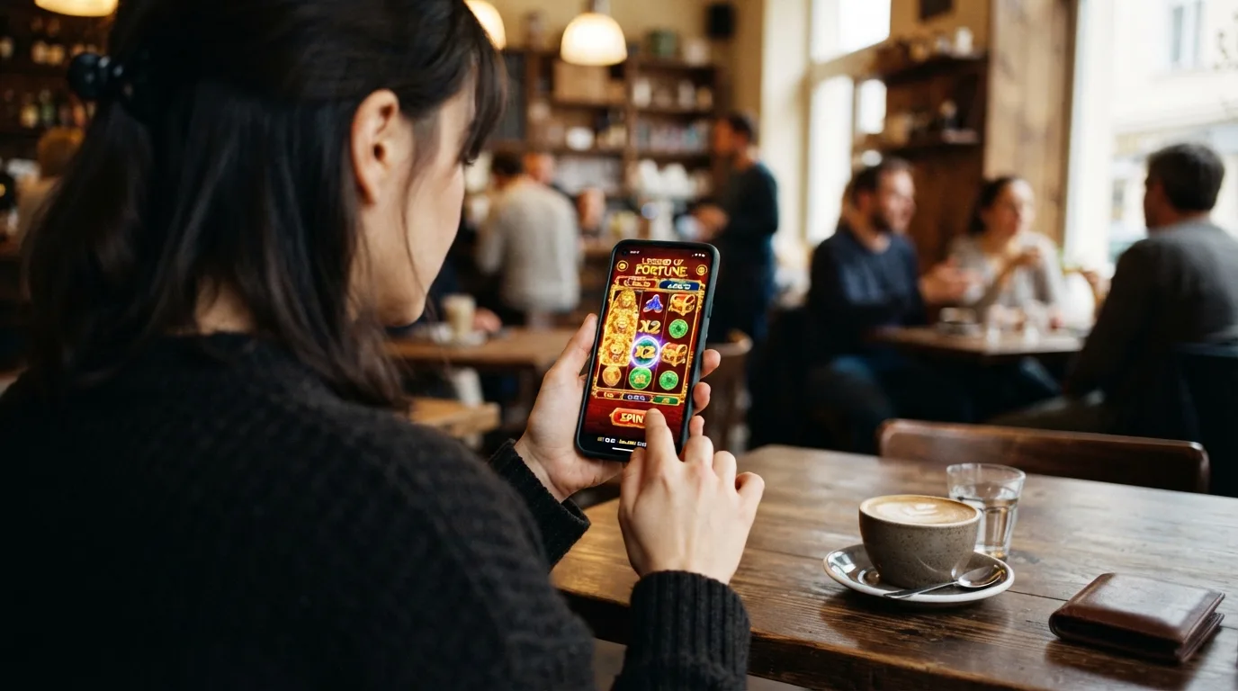 Smartphone mit Casino-Oberfläche und Einzahlungsdialog, Einzahlungsbetrag 5 Euro hervorgehoben
