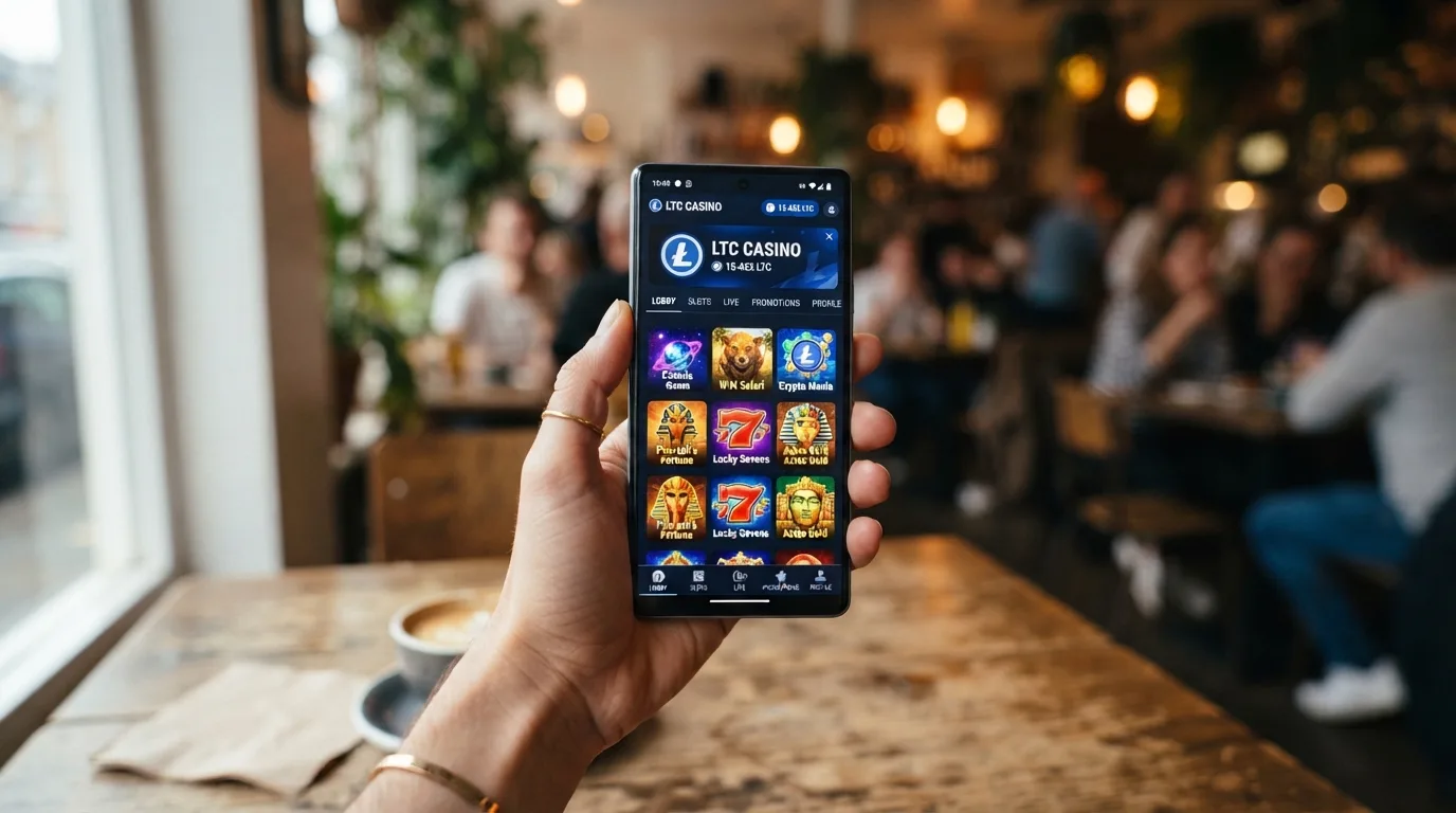 Smartphone zeigt ein LTC-Casino im mobilen Browser mit Slot-Lobby und Einzahlungsbutton