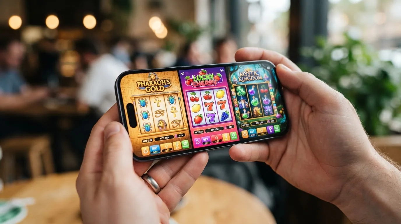 Smartphone im Querformat zeigt drei geöffnete Slot-Spiele