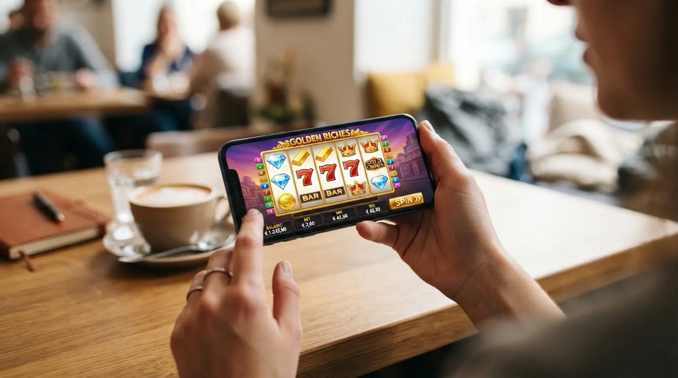 Smartphone in Querformat mit laufendem Slot-Spiel, darüber ein 20-€-Einzahlungsdialog als Overlay