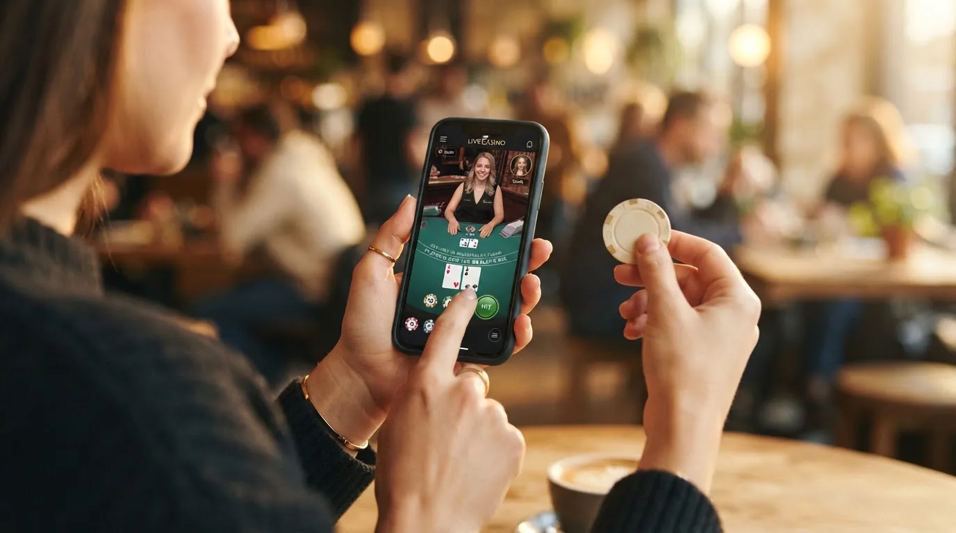 Smartphone mit responsiver Casino-Oberfläche und sichtbarem Live-Spiel