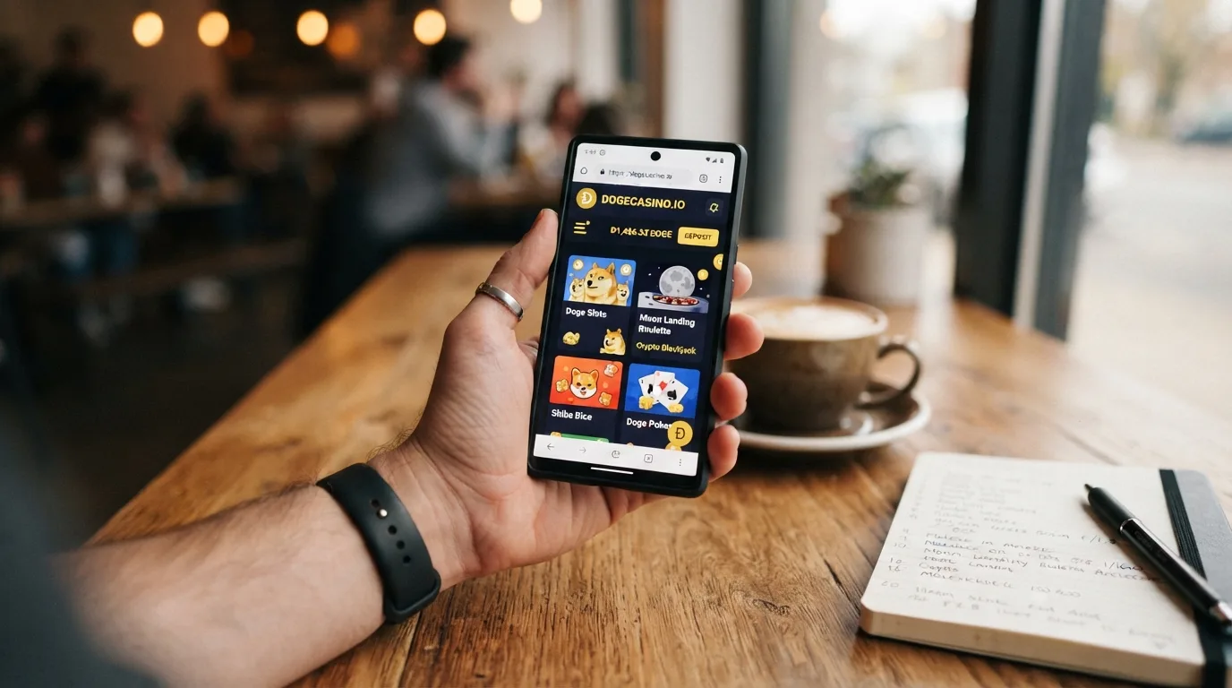 Smartphone mit geöffnetem Dogecoin-Casino im mobilen Browser