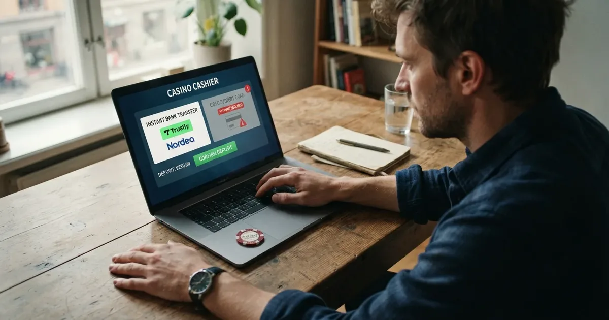 Casino-Kasse zeigt gesperrte Rechnungszahlung neben verfügbarer Sofortüberweisung auf dem Bildschirm