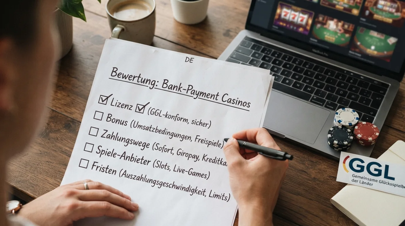 Die fuenf Bewertungskriterien als Checkliste — Lizenz, Bonus, Zahlungswege, Spiele-Anbieter, Fristen