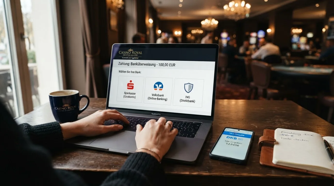 Infografik: die drei Schritte der Sofort-Ueberweisung im Casino — Bank waehlen, Login+TAN, Bestaetigung