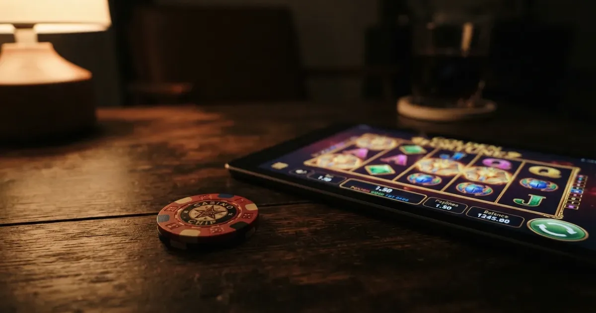 Eine 1-Euro-Münze im Vordergrund vor einem lizenzierten Online-Spielautomaten-Hintergrund