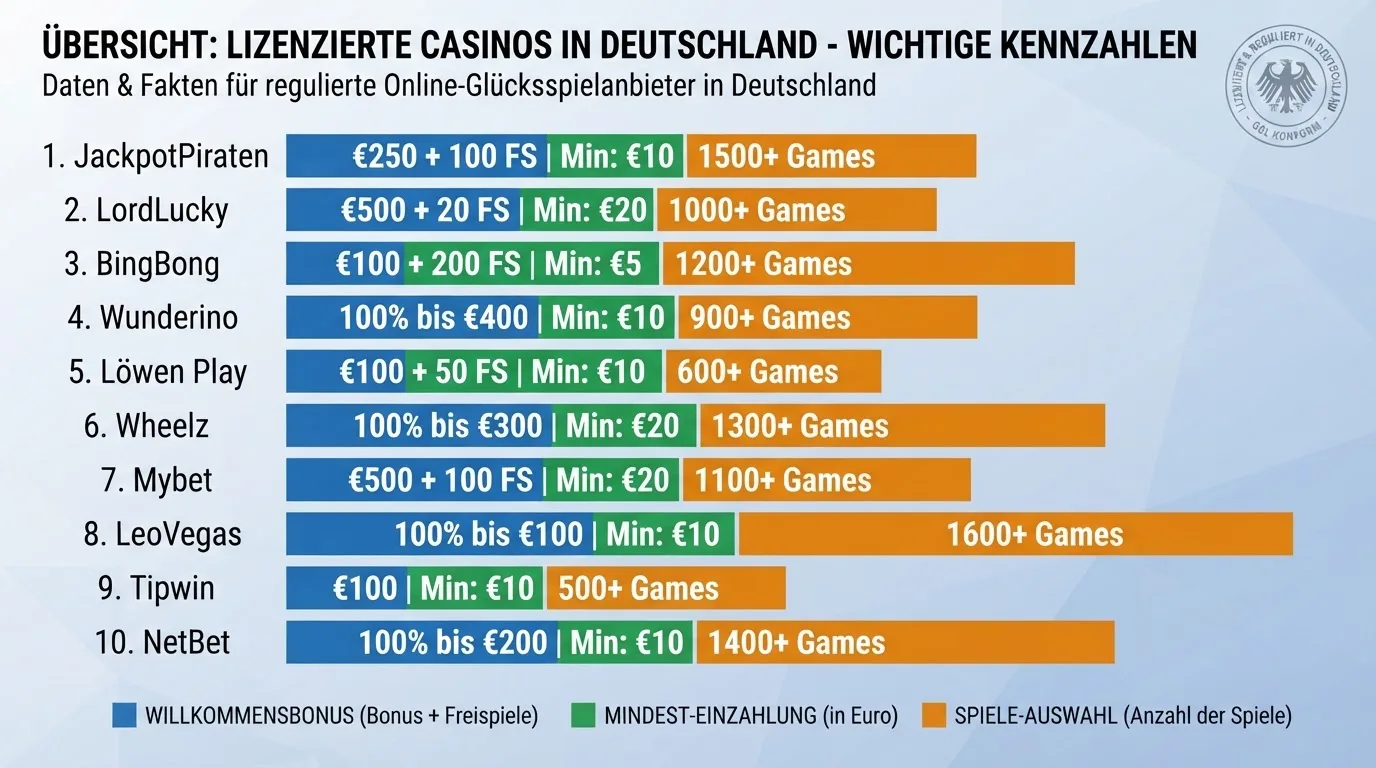 Vergleichstabelle der zehn getesteten PayPal Casinos mit GGL-Logo