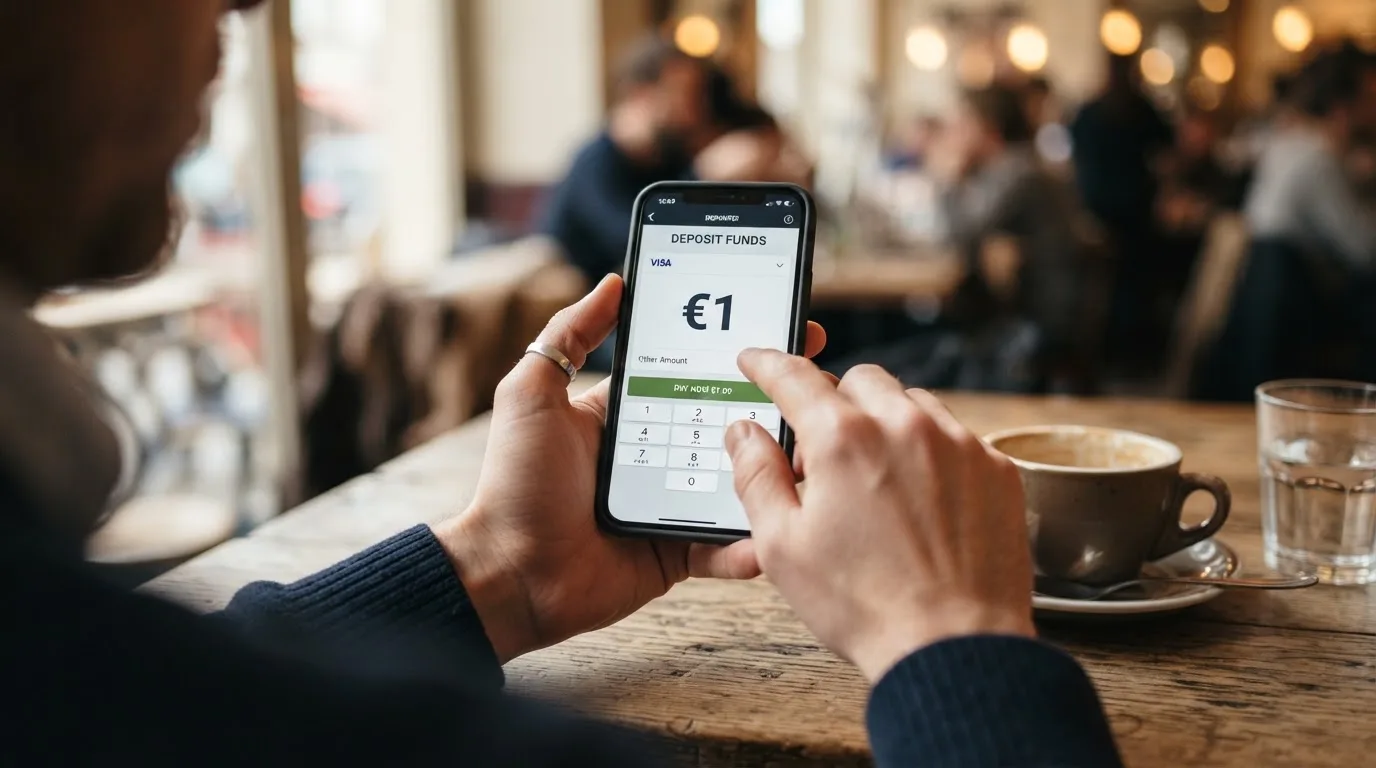 PayPal-Logo neben einem Casino-Einzahlungsformular mit ausgewähltem 1-Euro-Betrag
