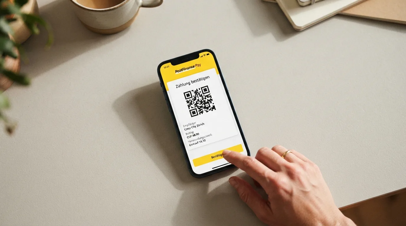 Der QR-Code-Einzahlungsprozess mit PostFinance Pay – Smartphone scannt Code, Casino-Guthaben wird gutgeschrieben