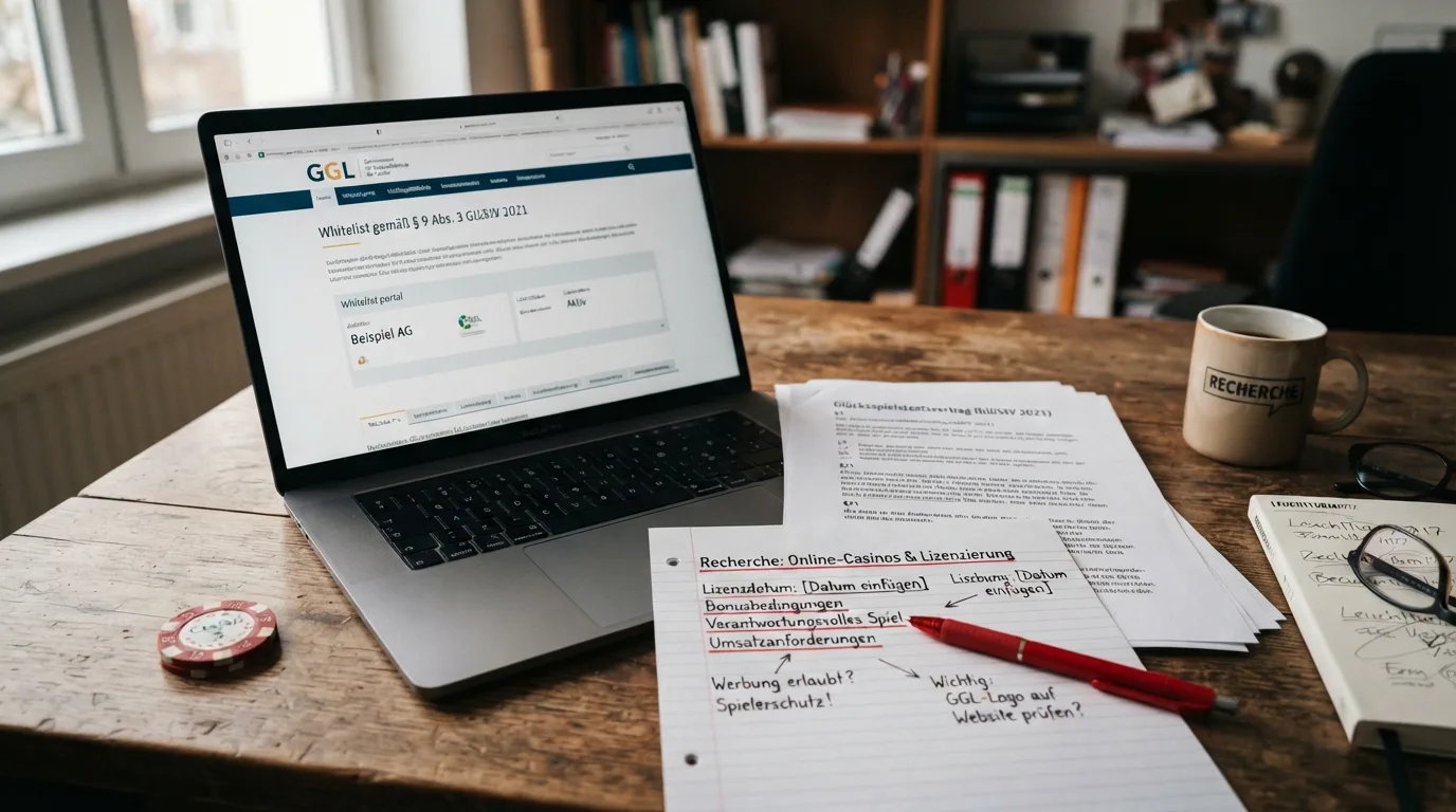 Schreibtisch mit ausgedruckter Whitelist, Gesetzestext, Notizen und markierten Prüfkriterien