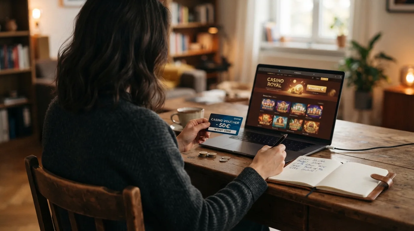 Spieler vor Laptop mit paysafecard, Casino-Webseite und Notizzettel