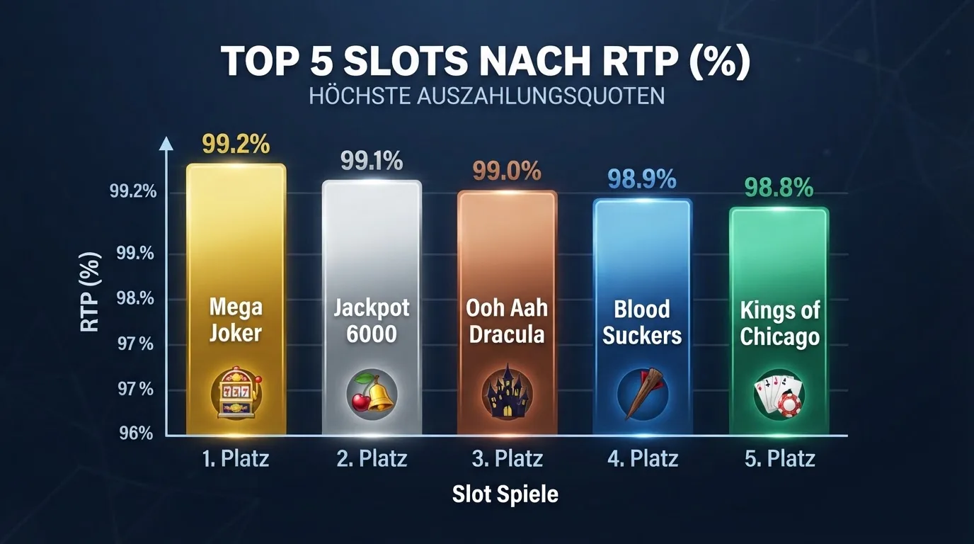 Balkendiagramm der fünf Top-Slots nach Auszahlungsquote mit Spiel-Icons von NetEnt und Pragmatic