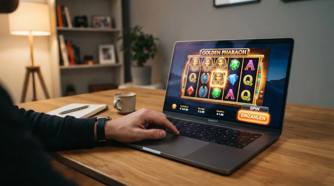 Bildschirm mit beliebten Spielautomaten und eingeblendetem Einzahlungsbutton