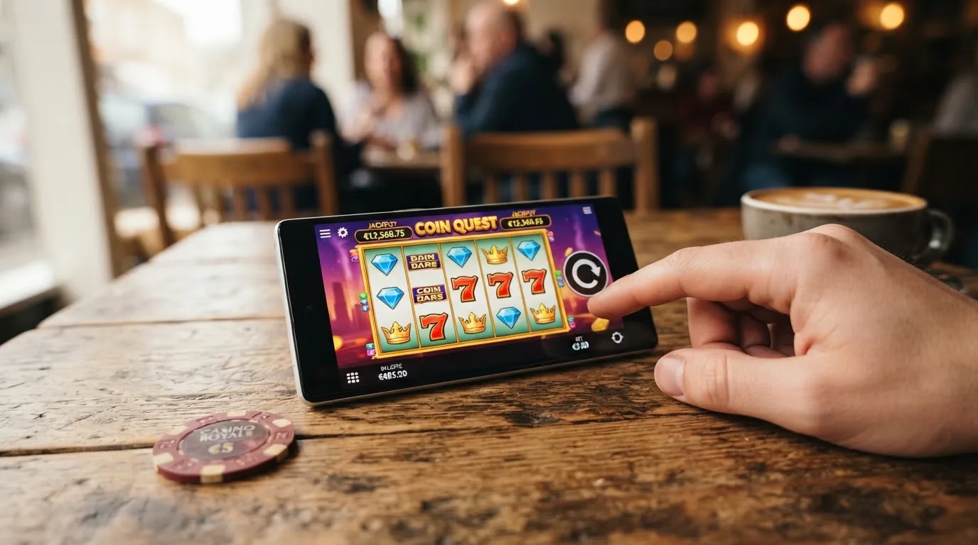 Smartphone zeigt einen HTML5-Spielautomaten und die mobile Leiste für Einzahlungen