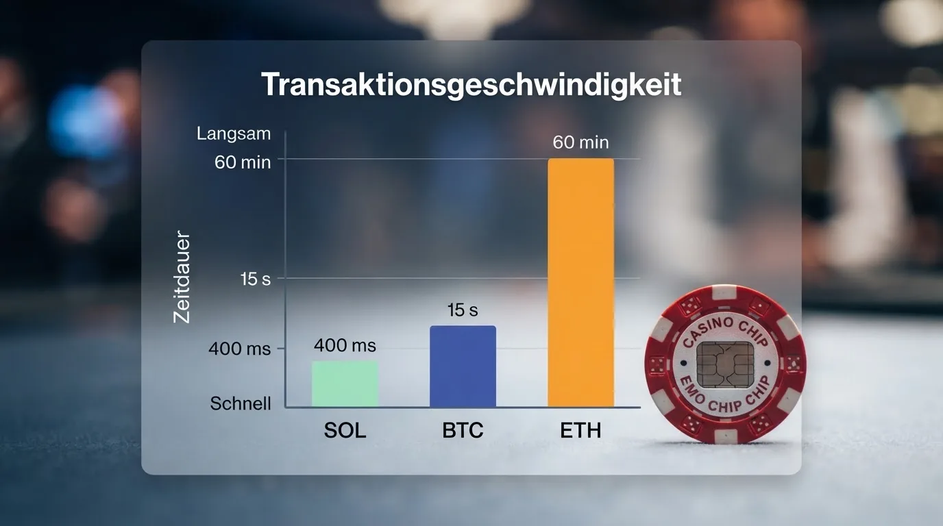 Balkendiagramm: Transaktionsgebühren und Finalität von SOL vs. BTC vs. ETH