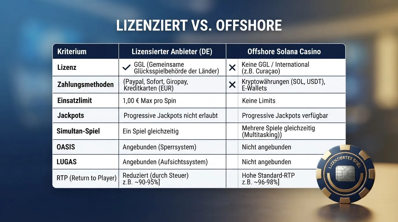 Infografik: GGL-lizenzierter Markt vs. Offshore-Solana-Casino – die Unterschiede auf einen Blick