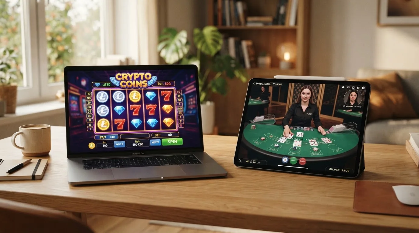 Collage aus Slots, Live-Dealer-Tischen und Tischspiel-Lobbys in LTC-Casinos