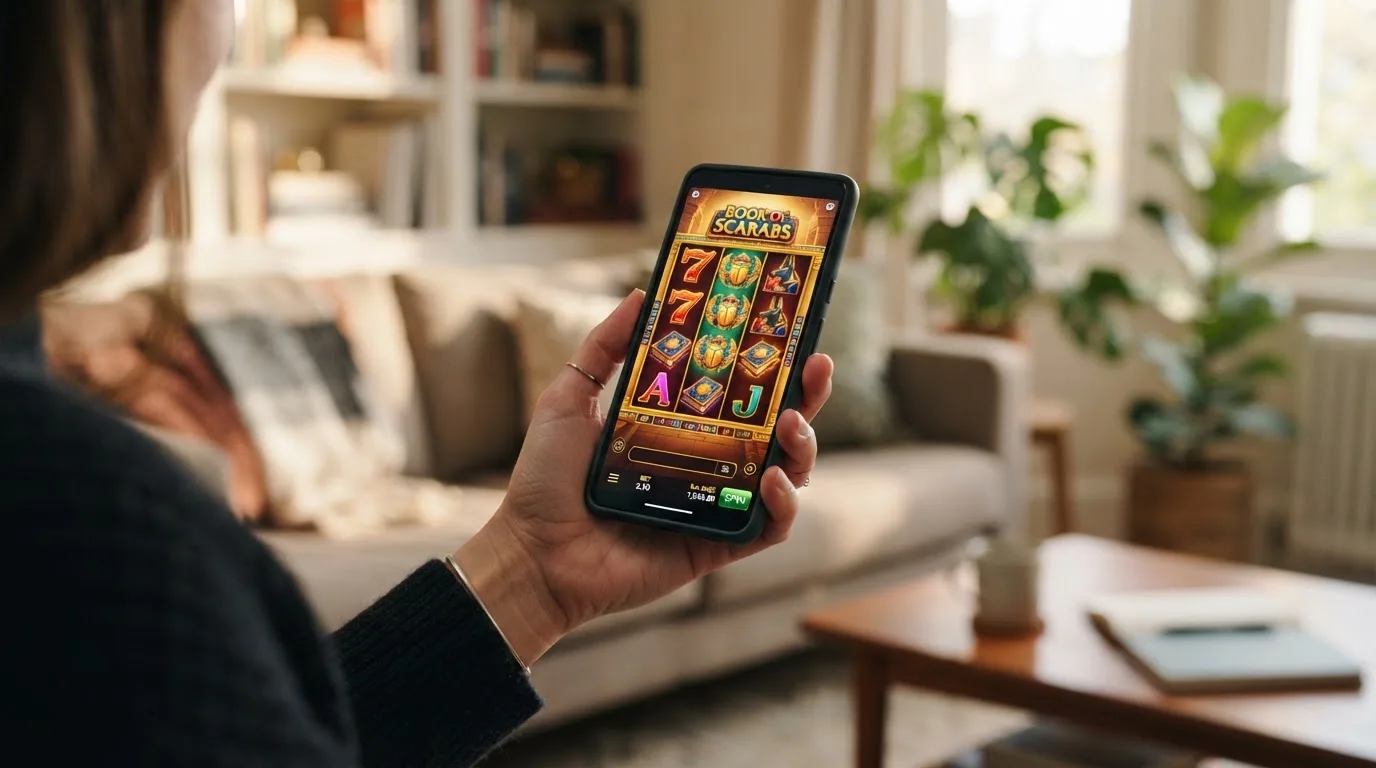 Smartphone mit laufendem Slot-Spiel, daneben App-Store-Icons von bwin und Merkur