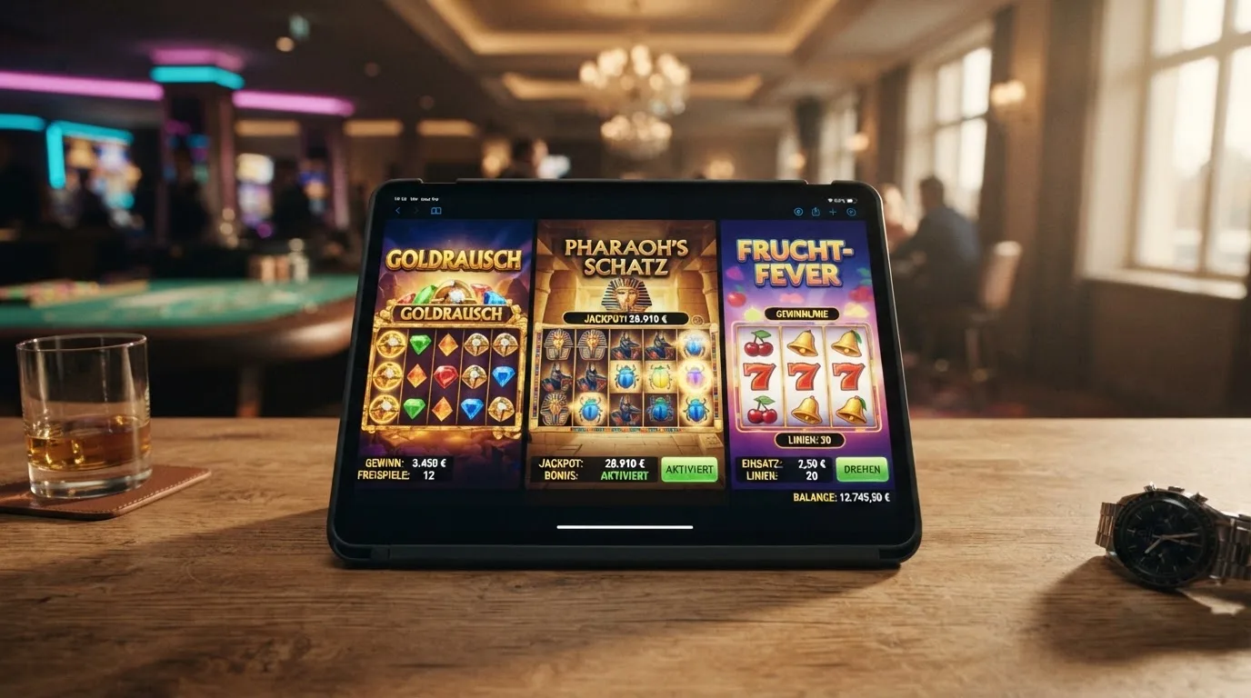 Collage dreier deutscher Online-Slots mit Walzen, Symbolen und Bonusrunden in Aktion