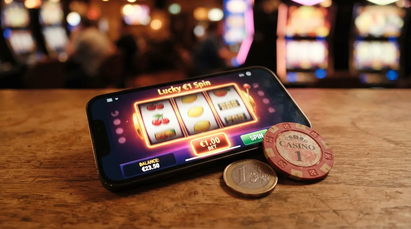 Spielautomat mit fünfzehn Euro Guthaben und ausgewähltem Einsatz von einem Euro