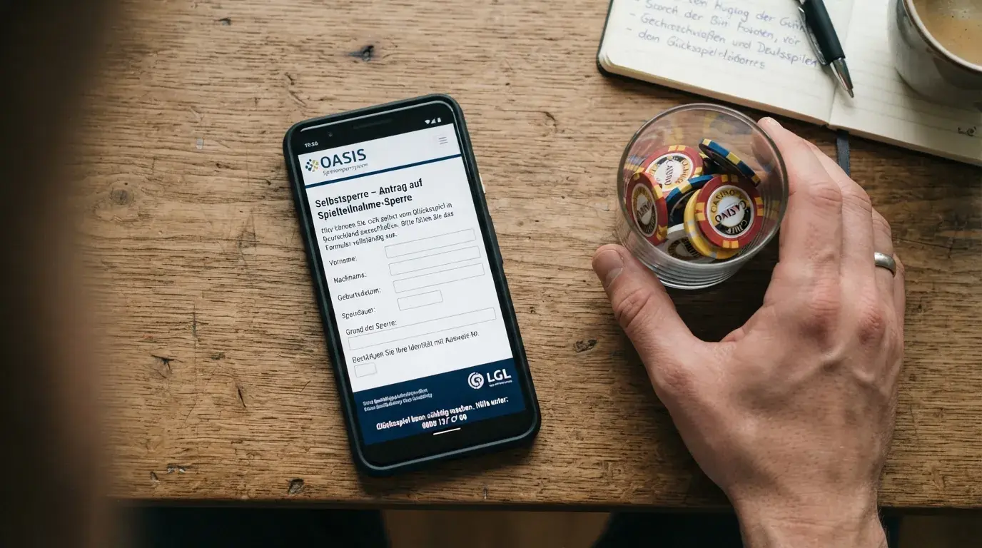 Smartphone mit geöffneter OASIS-Selbstsperre-Seite und einem Glas mit Münzen als Budget-Symbol