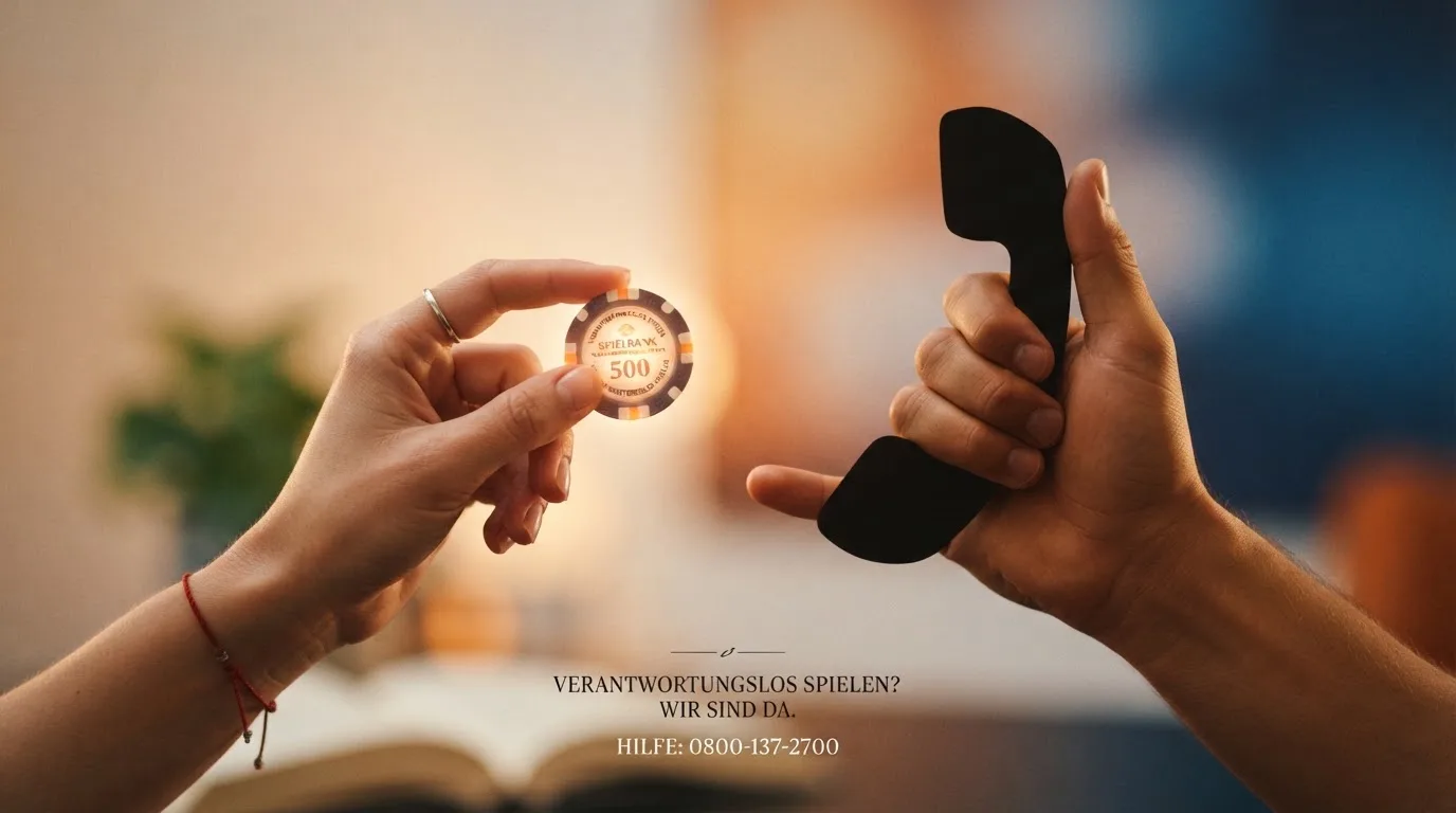 Zwei Hände: Eine hält ein ETH-Logo, die andere eine Telefonhörer-Silhouette mit Hotline-Nummer – Spielerschutz und Krypto verbinden