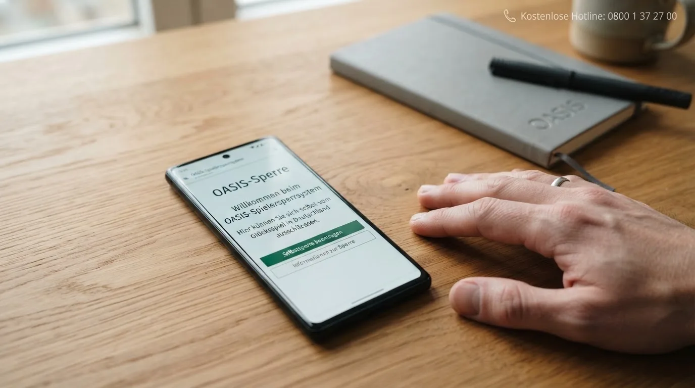 Smartphone mit Hilfsportal, Hotline, OASIS-Symbol und Limitregler