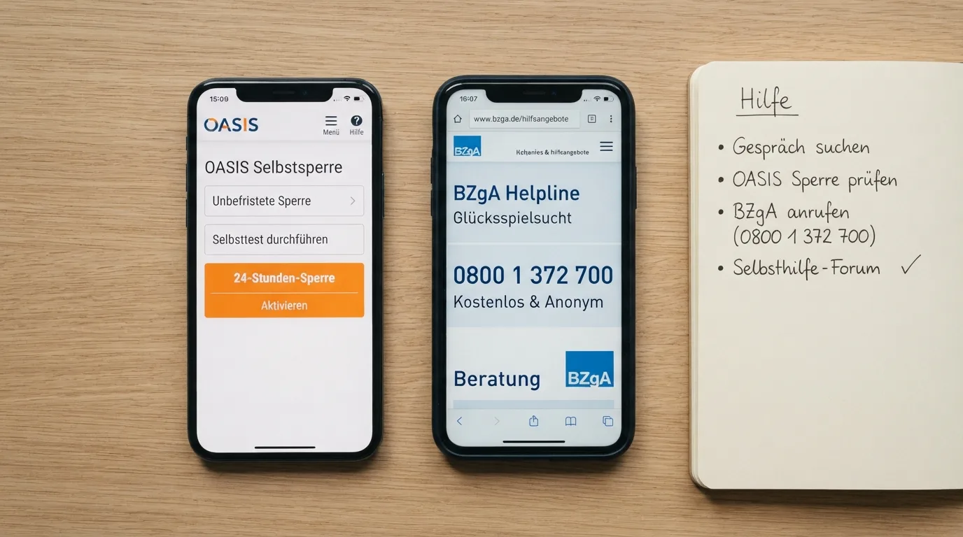 OASIS-Selbstsperre-Menü und BZgA-Beratungsangebot nebeneinander