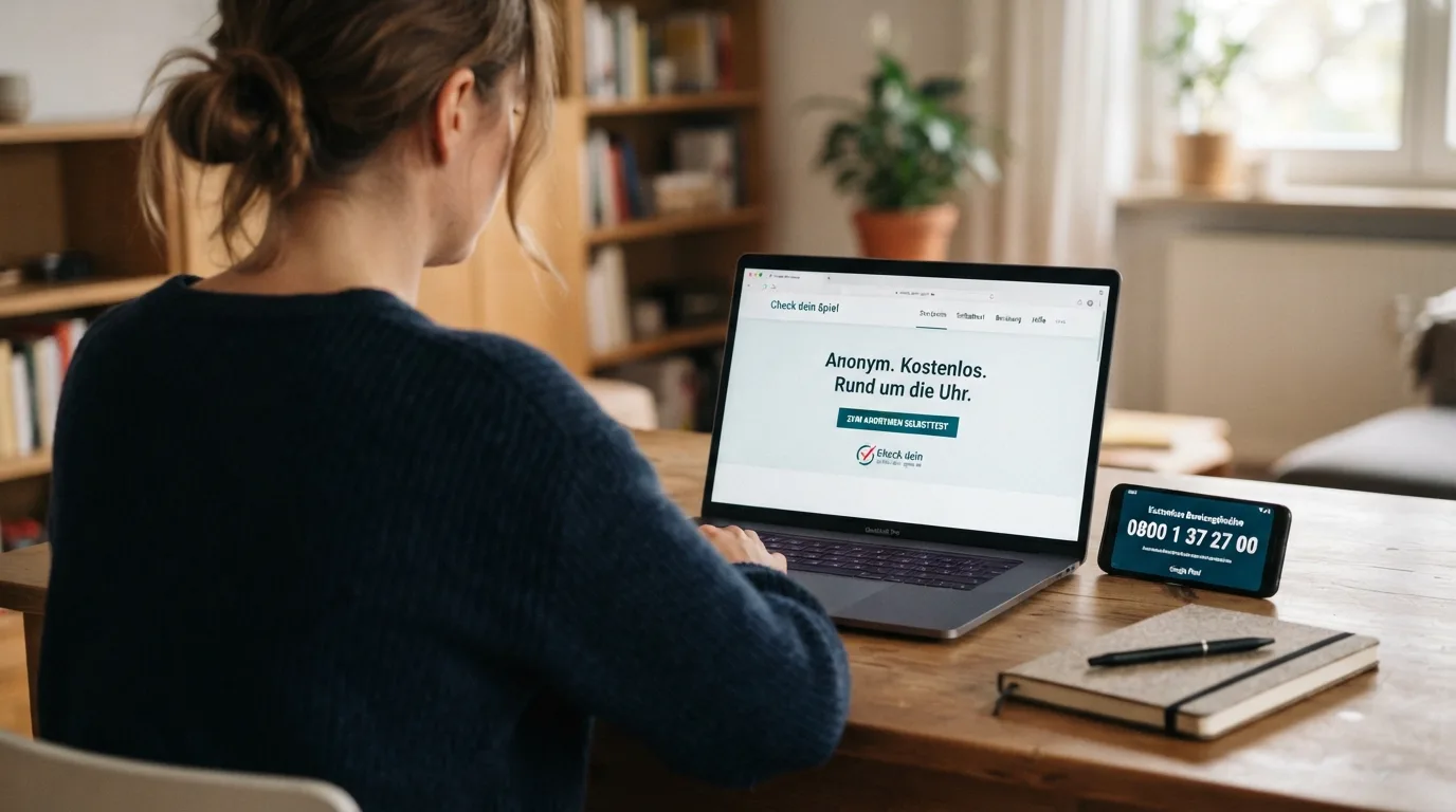 Screenshot des Online-Selbsttests auf check-dein-spiel.de mit Hilfetelefon-Nummer