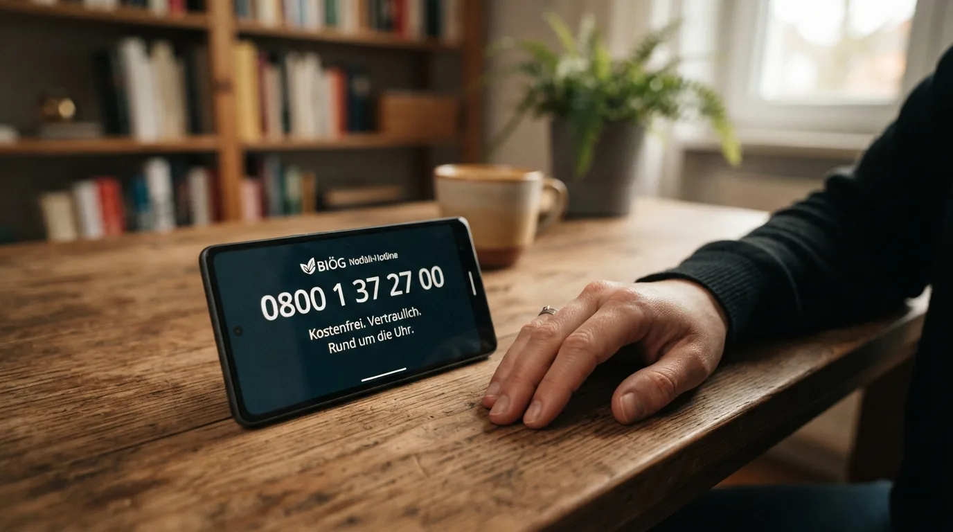 BIÖG-Hotline-Nummer auf einem Telefon-Display mit Uhrzeit-Hinweis (Mo–Do 10–22 Uhr) und check-dein-spiel.de-URL