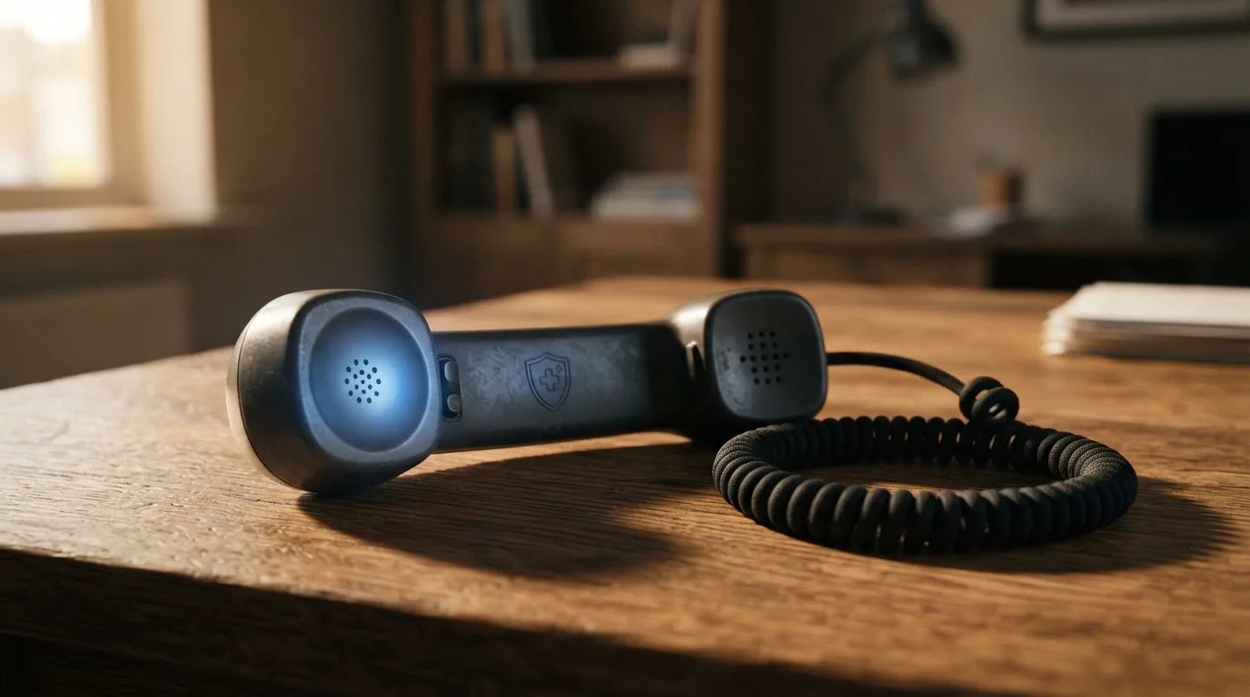 Symbolbild: Telefon-Hörer mit Schutzschild-Motiv, Hilfetelefon-Nummer angedeutet
