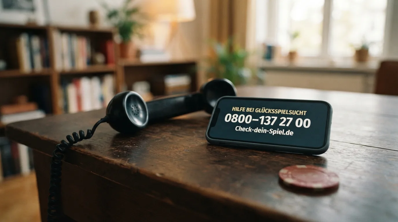Beratungstelefon-Hörer mit eingeblendeter Nummer 0800–137 27 00 und Check-dein-Spiel.de-Logo