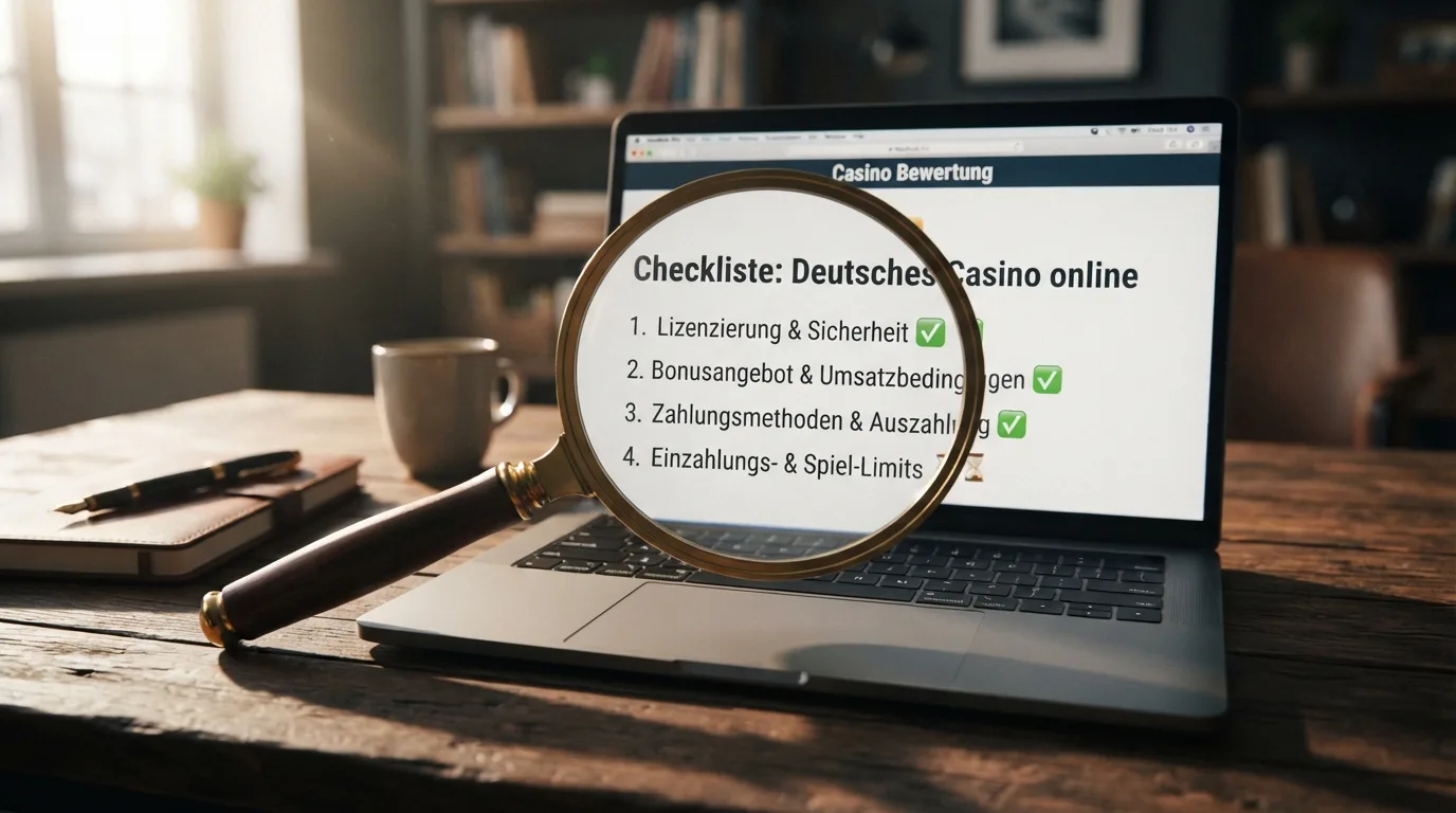 Checklisten-Illustration: Lupe über Casino-Bildschirm mit hervorgehobenen Prüfkriterien — Lizenz, Bonus, Zahlung, Limits