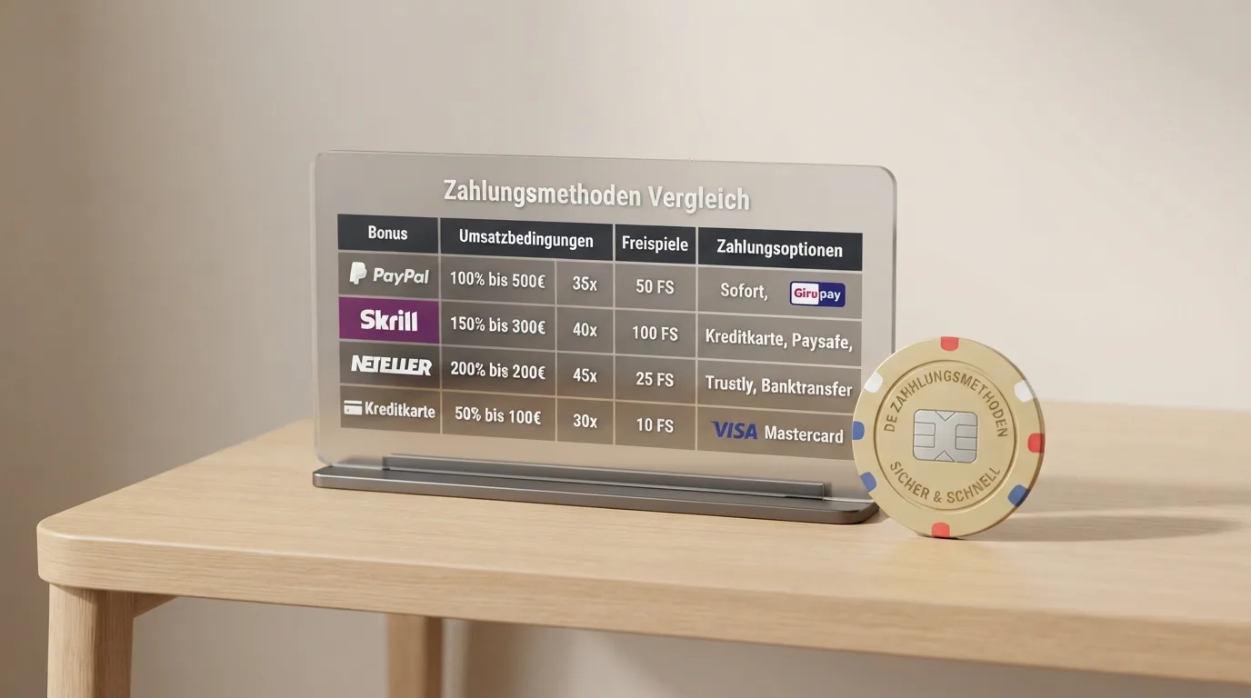Vergleichstabelle der zehn vorgestellten Casinos mit Bonus, Umsatzbedingungen und Zahlungsmethoden